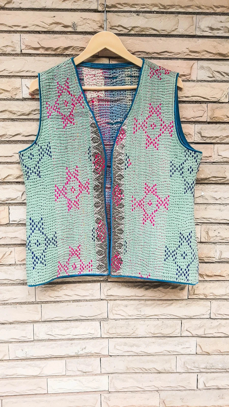 Pure Cotton Katha Jacket Lovely Floral Short Coat Boho Cut Sleeve Women's Denim