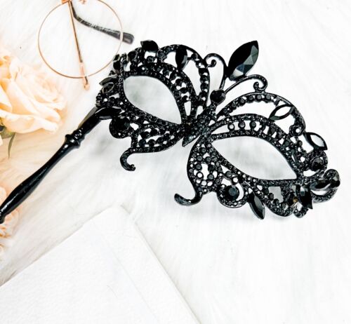 Butterfly Mask with Stick, Masquerade Ball Mask, Black Crystal Masquerade Mask - Picture 3 of 7