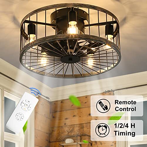 Caged Ceiling Fan with Light, 20 Inch Low Profile Farmhouse Ceiling Fan with - Picture 5 of 7