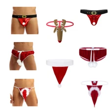 Mens Velvet Christmas Holiday Santa Claus G-String Thong Bikini Briefs Underwear