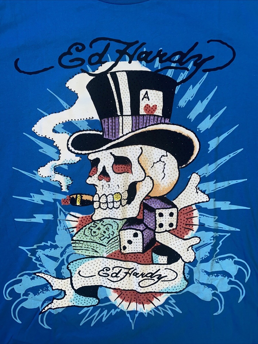 Ed Hardy Y2K Rhinestone Skull Top Hat Tattoo Capri Blue T