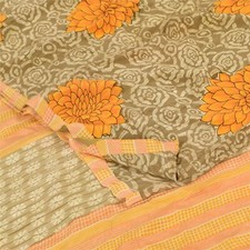 Sanskriti Vintage Sarees Cream 100 Pure Crepe Silk Printed Sari 5Yd Craft Fabric