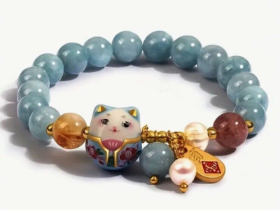 Lucky Fortune Cat charm bracelet ornament Boho chic blue stone Stretch Band
