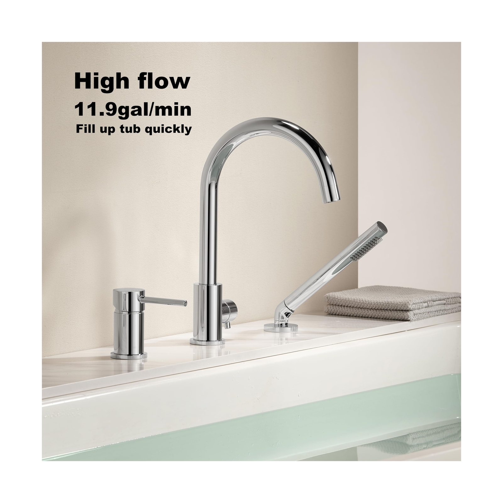 High Flow Deck Mount Tub Faucet with Sprayer Chrome Bathtub Faucets Brass Tub...