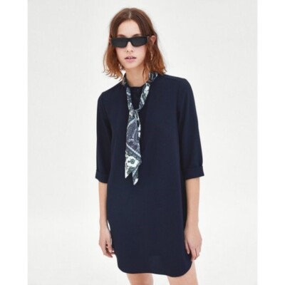 Zara Navy 3/4 Sleeve Dress w/ Neck Scarf Xs