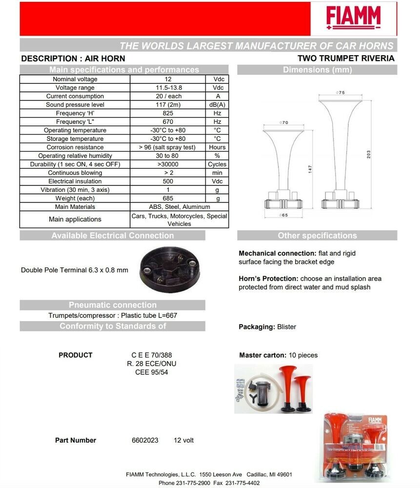 TwoTrumpet Riviera Air Horn Kit FIAMM Red 12V For Truck RV Van Car