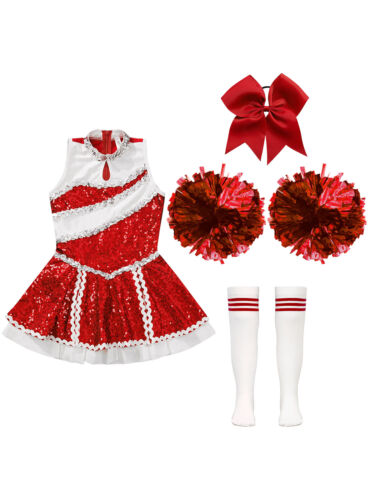 Mädchen Cheerleader Cheerleading Kostüm Schulmädchen Uniform Kleid mit Zubehör - Picture 15 of 56