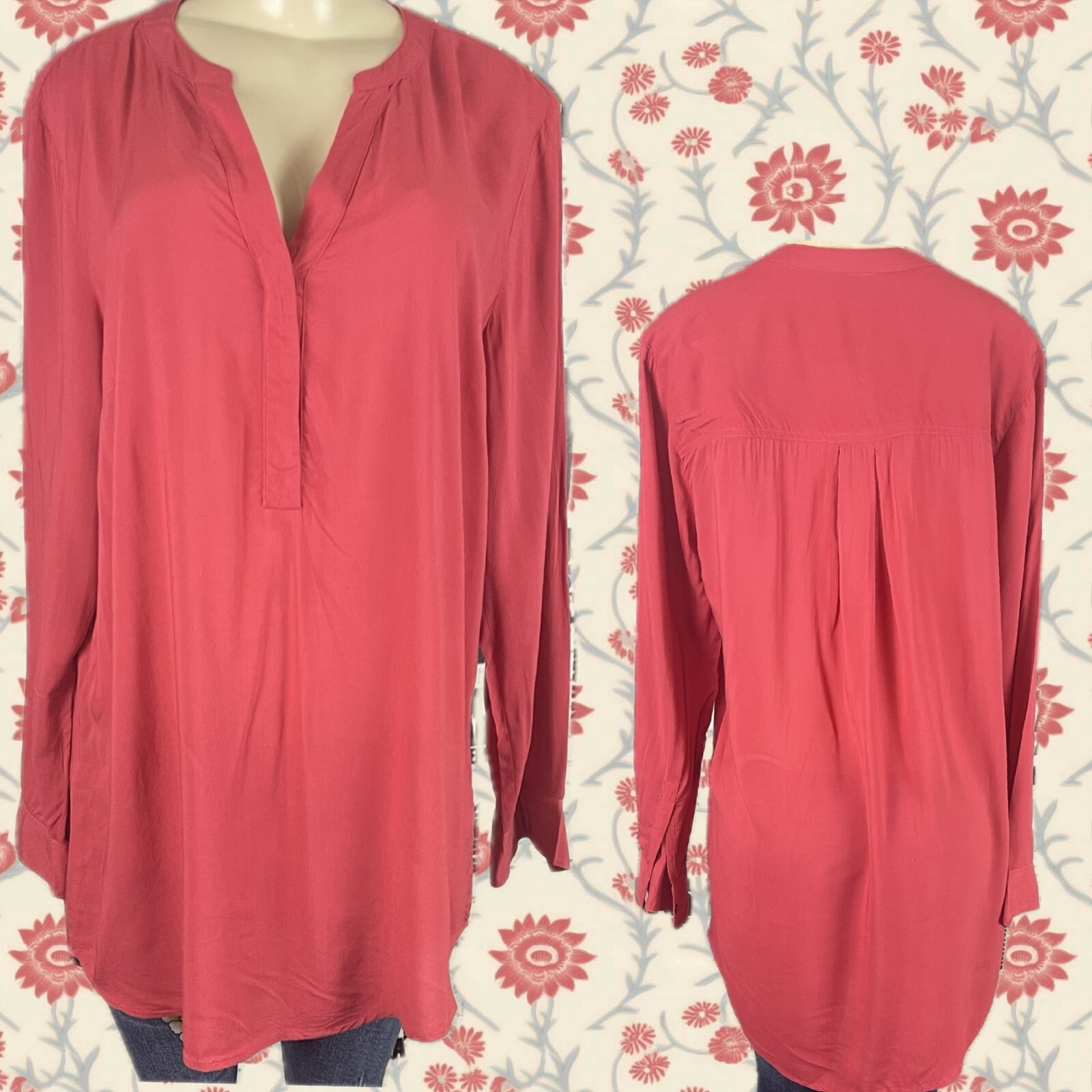 Sandra Ingrish L Cinnabar Red Button Split Neck R… - image 1