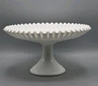 VTG Fenton Milk Glass Ruffled Hobnail Compote Pedestal Dessert Dish, Friut Bowl
