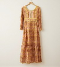 Vtg Maxi Dress 60s 70s Paisley Festival Cottagecore Prairie Pink Yellow