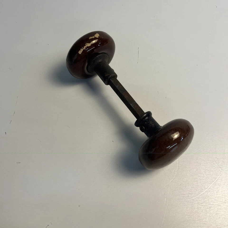 Vintage Brown Porcelain Door Knob Set 2-1/4 Inch - Image 2 of 4