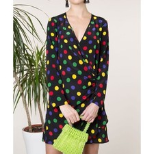 RIXO Silk Wrap Dress Women Medium Black Polka Dot Long Sleeve Mini V-Neck Ruched
