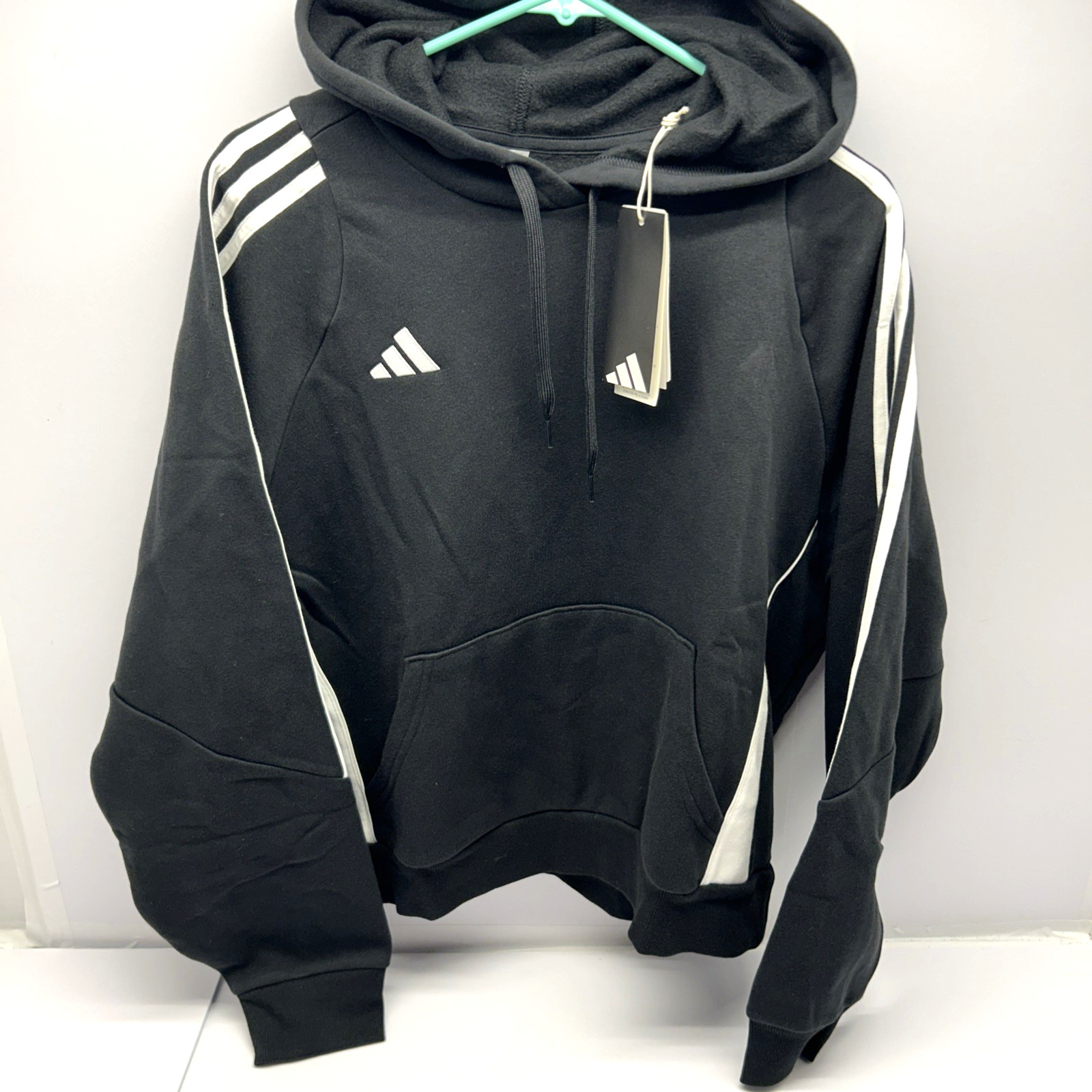 Adidas Short Hoodie Black Pullover 3 Stripes Size L Women Athleisure New w/Tags