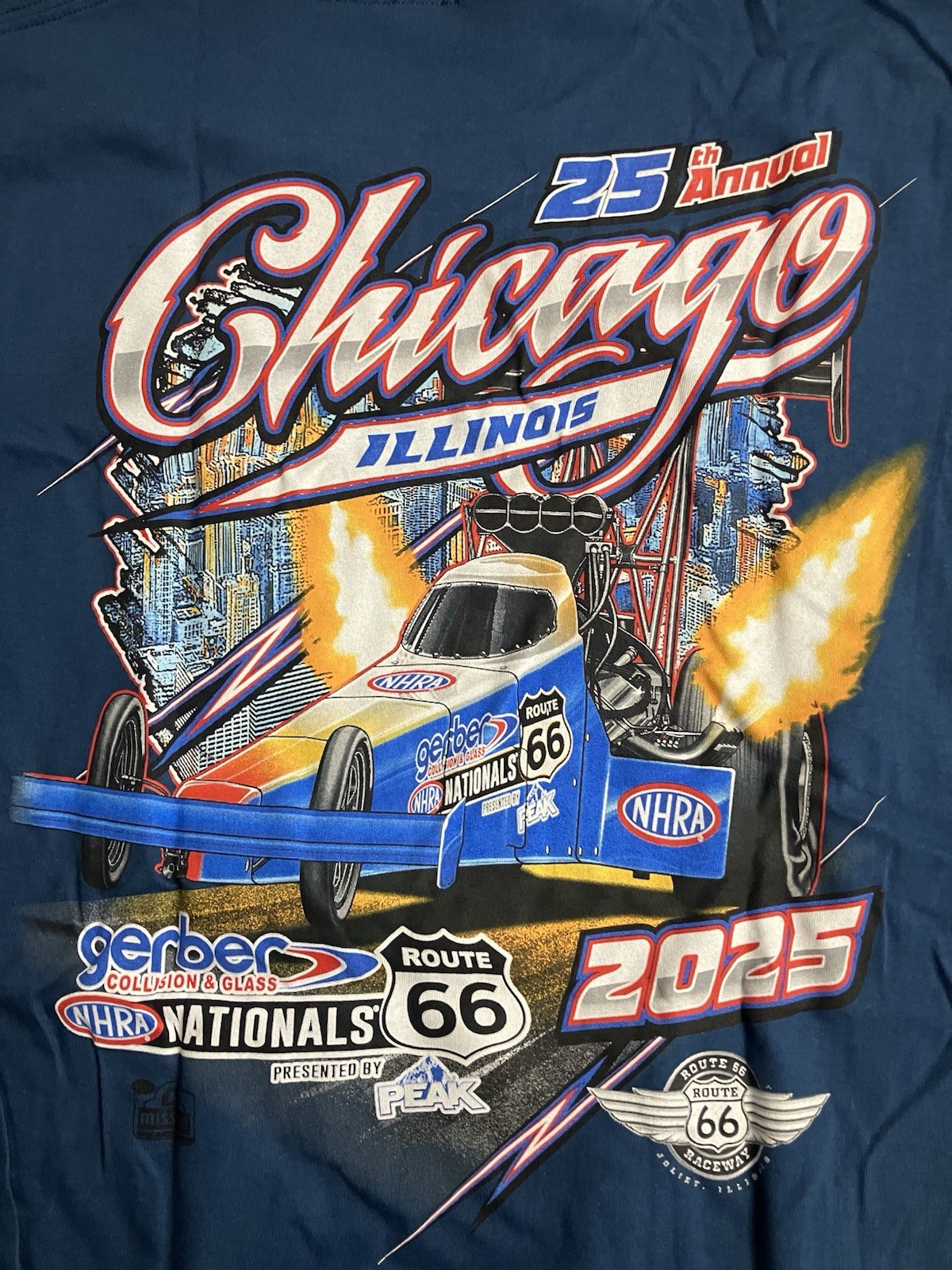 NHRA DRAG RACING OFFICAL 2025 CHICAGO ROUTE 66 NATIONALS blue T SHIRT  SIZE XL