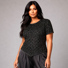 Vintage Papell Boutique Evening Beaded Silk Top Black Silver Floral XL India
