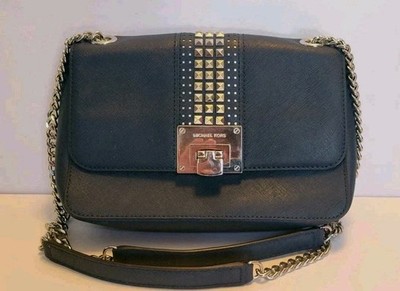 Michael Kors 35H7ST4F2L Tina Stud Medium Shoulder Flap Leather Bag Navy, Siver