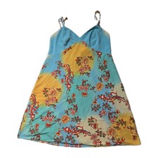 Natori Floral Slip Dress Large Blue Yellow Satin Sleeveless Adjustable Strap GUC