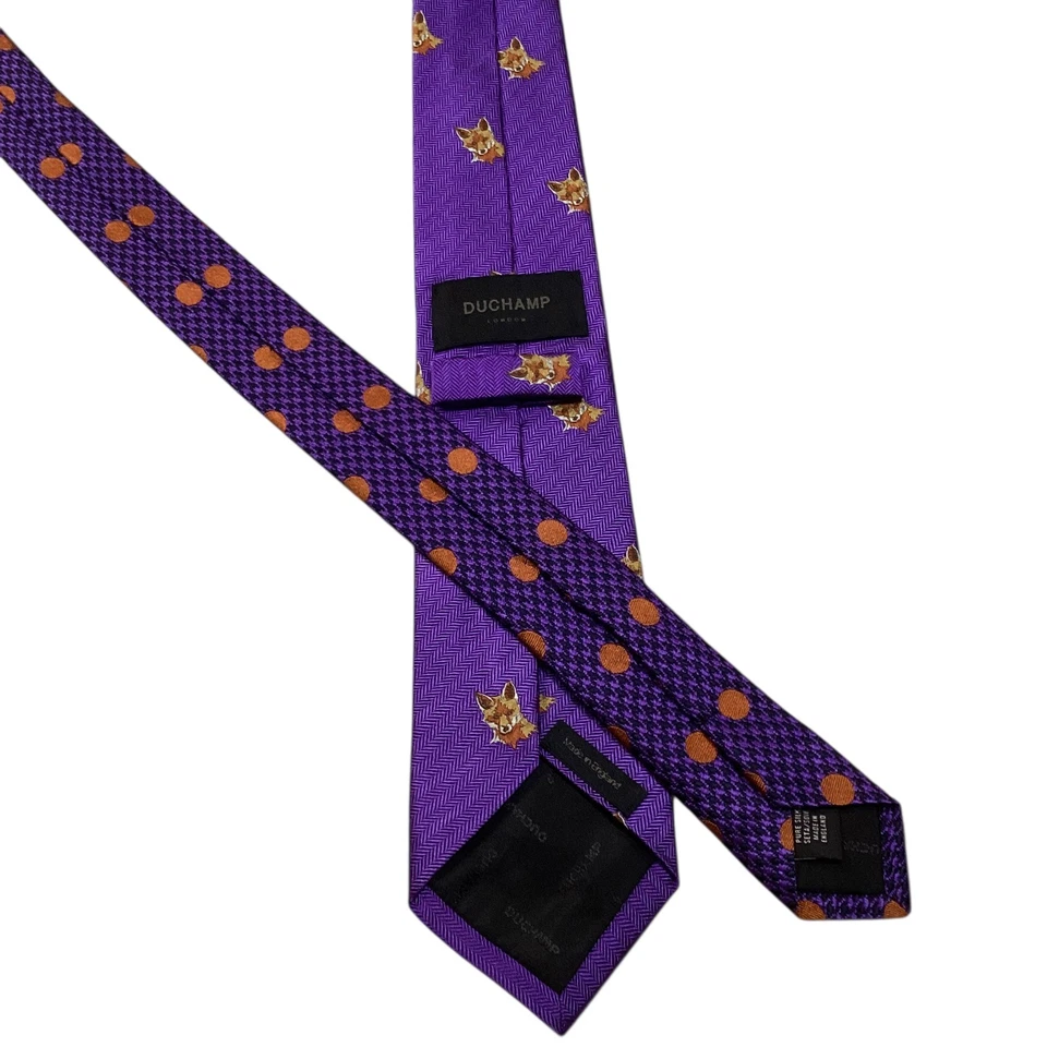 Corbata DUCHAMP 100 % seda XL para hombre INGLATERRA animales de lujo zorros púrpura/marrón usada en excelente estado Foto 3 de 3