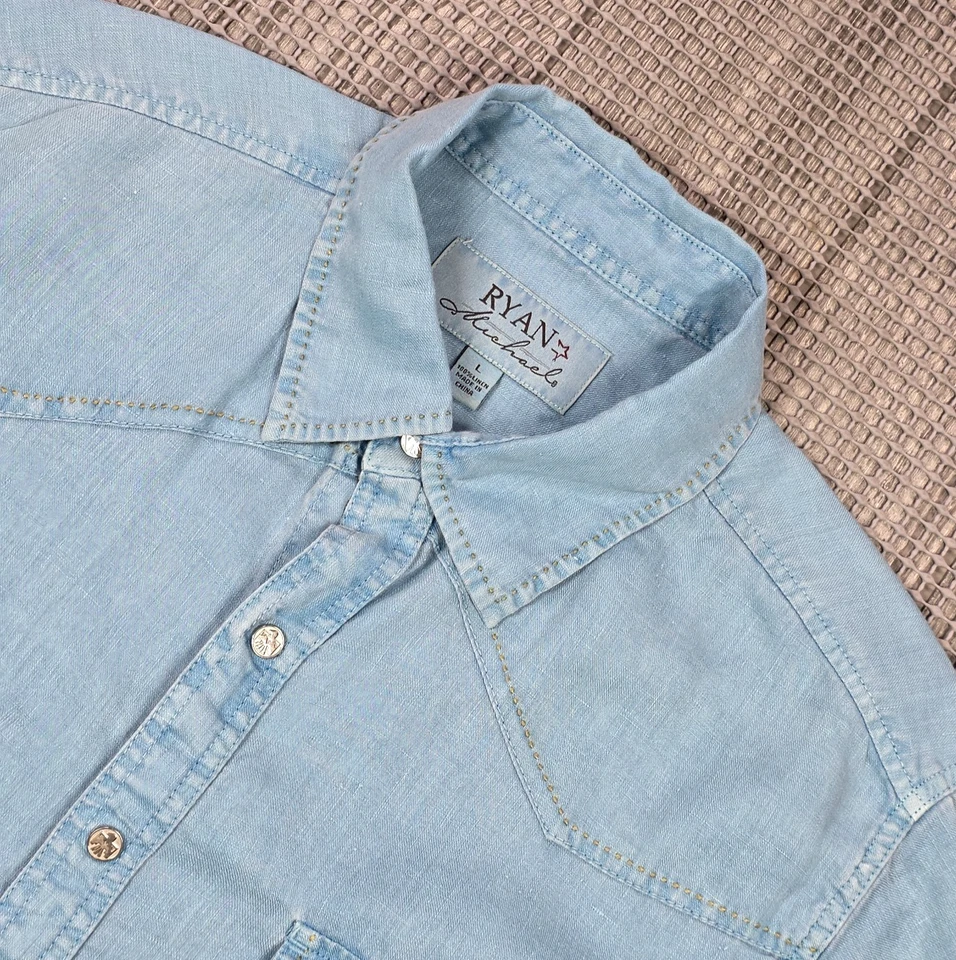 Camisa Western Ryan Michael Para Hombres L L Lino Manga Corta Prenda Teñida Azul Nube Foto 4 de 4