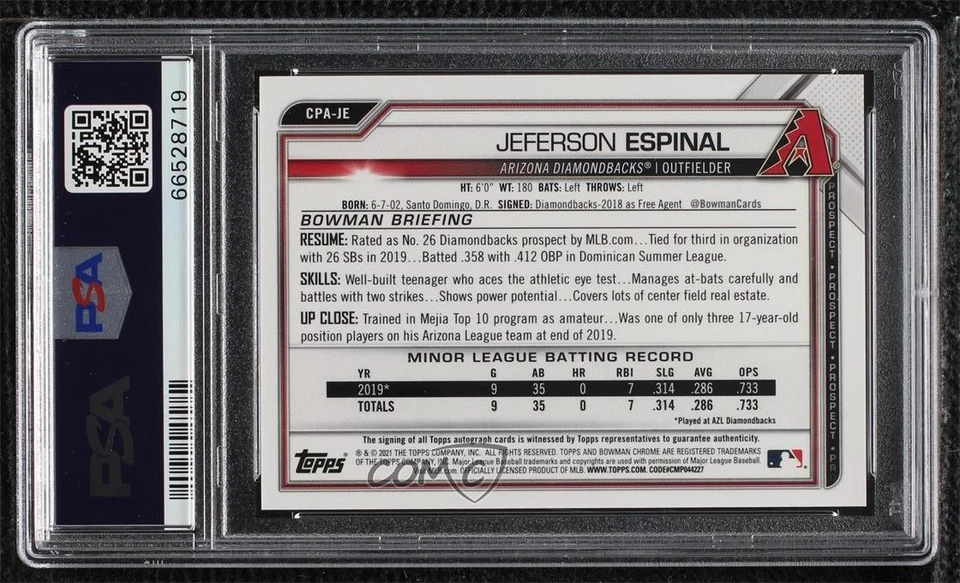 2021 Bowman Green Shimmer Refractor /99 Jeferson Espinal PSA 10 GEM MT Auto - Image 2 of 2