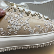 Bridal Wedding Sneakers, Ivory Satin, Ribbon Laces, Rhinestone Women  s size 7