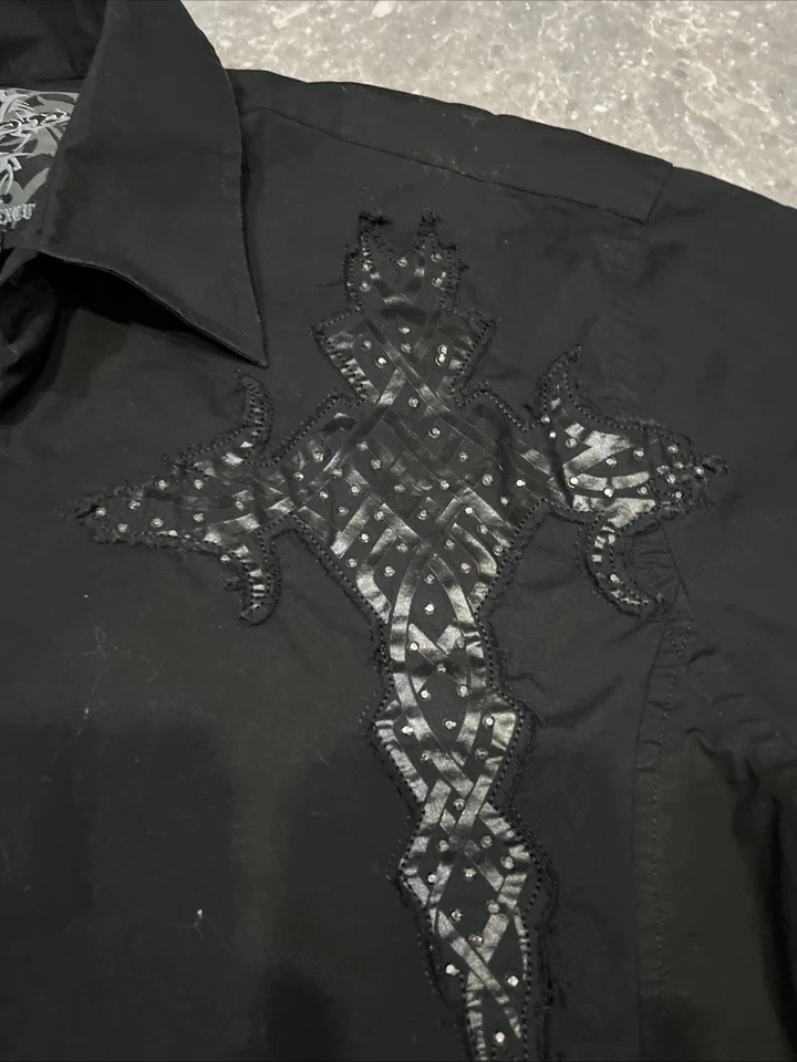 Camisa Roar Abotonada L/S Hombres Talla 2XL Tachonada Cruz Adornada Soporte Alta Negra Foto 2 de 4