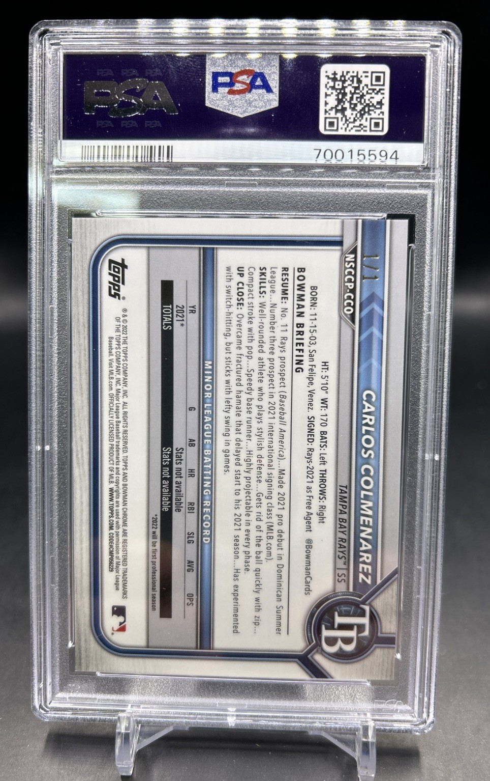 2022 Bowman Chrome NSCC Carlos Colmenarez Superfractor Card #'d 1/1 - PSA 10 view 2
