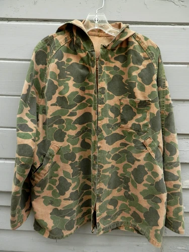 Vintage 1960's Cotton Canvas Duck Camo Lighweight Hooded Hunting Jacket XL