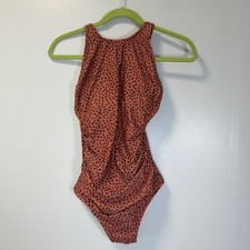 Kona Sol Womens Rust Orange Spotted Animal Print High Neck One Piece Swimsuit S