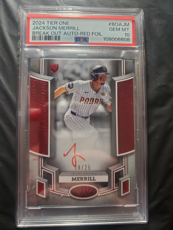 2024 Tier One Jackson Merrill Break Out Auto Red Foil #18/25 (RC) PSA 10 PADRES
