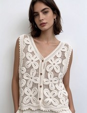 Woman's Boho Floral Cream Crochet Sleeveless Cardigan Waistcoat One Size UK 8-12