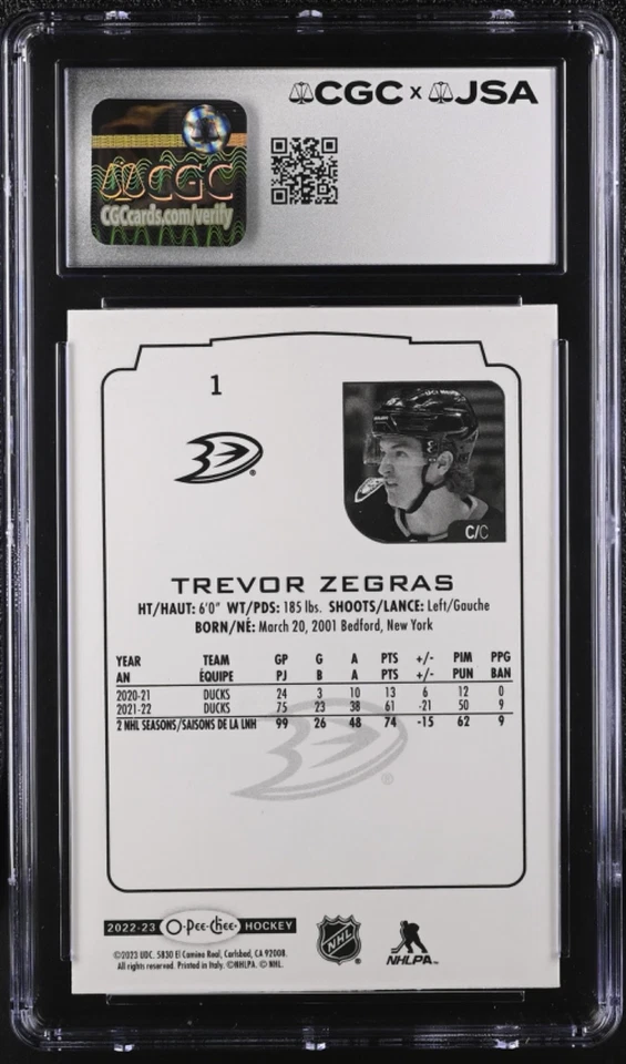 Trevor Zegras Signed 2022-23 O-Pee-Chee Card #1 OPC Ducks CGC AU JSA 9 Auto - Image 2 of 2