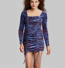Wild Fable Women's Long Sleeve Ruched Velvet Bodycon Dress - Blue Size Medium
