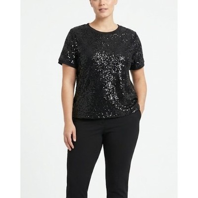 New DKNY Sequin Shirt Large Black Short Sleeve Stretch Crew Neck Party Evening