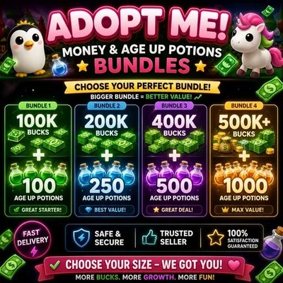 ADOPT ME  BUCKS +  Age-Up Potions (100, 250, 500, 1000++)CHOOSE YOUR SIZE!!
