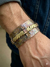Unique Wide copper open cuff bracelet, with brass cable trim inlay, size 6 1/2