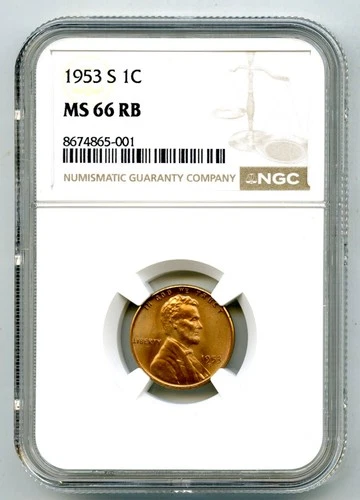 1953 S 1C LINCOLN CENT NGC MS 66 RD WHEAT PENNY KM#132