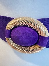 VTG Purple Gold Elastic Cinch Belt Suede Buckle S/M 80s Stretch Eggplant Caftan