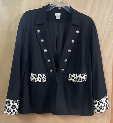 Chicos Black Dress Jacket Size 3P Leopard print trim gold buttons | eBay
