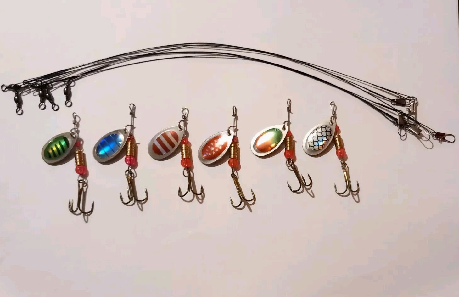 6pcs Fishing Spinner +6pcs wire trace Trout, Perch, pike Lure Set Treble Hook