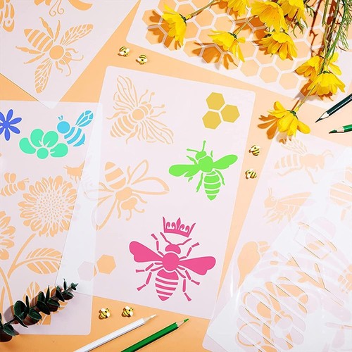6 Pcs Bee Stencils Honeycomb Bee Stencil for Wall Furniture Floor Crafts Home - Picture 3 of 5