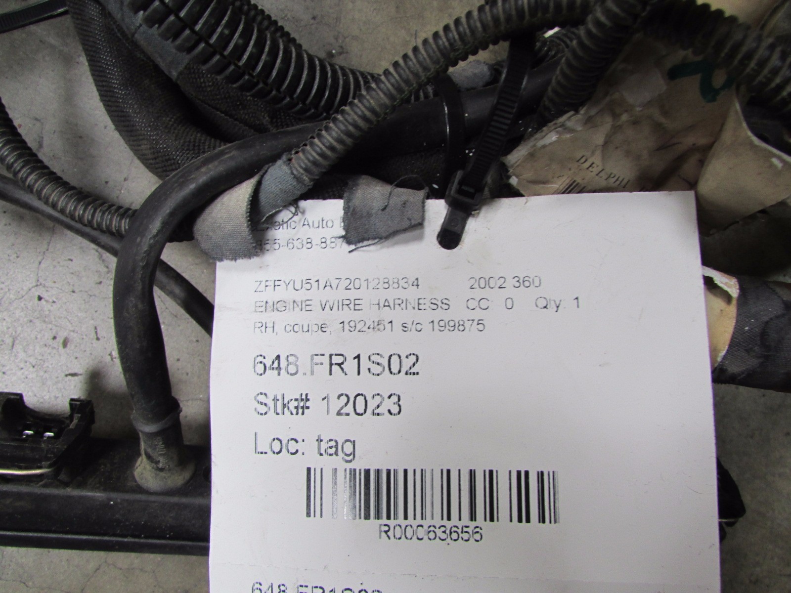 Ferrari 360, Coupe, RH, Right Engine Wiring Harness, Used, P/N 192451/199875