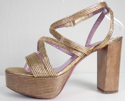 Ursula Mascaro Plateau Sandalen Gold Riemchen Holzoptik 70er Jahre UK 6 EU 39