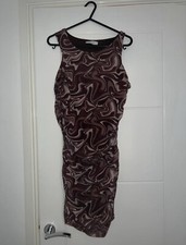 Brown neutral swirl marble print ruched mini sleeveless bodycon dress