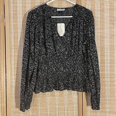Universal Thread Womens L Black White Floral V-Neck Long Sleeve Blouse Work