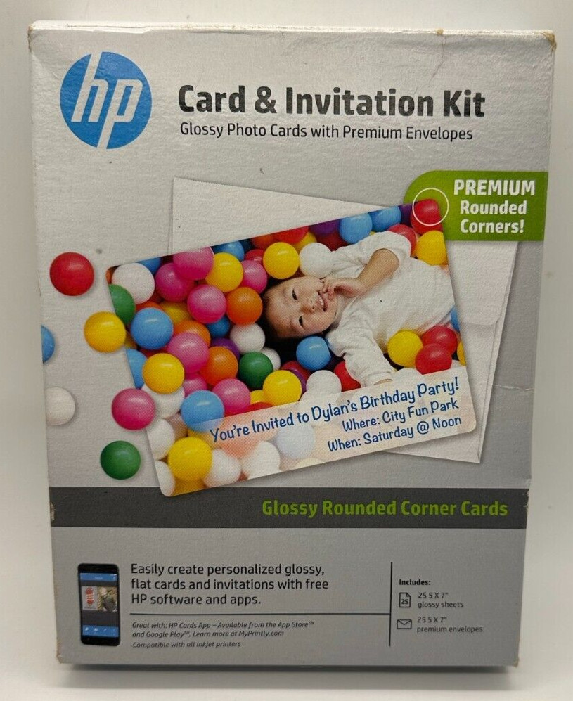 HP Card And Invitation Kit for Glossy Rounded Corner Flat Cards 5 x 7  25 Sheets