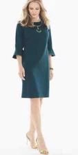 Chico's Textured Knit Teal Dress 8 Tulip Cuff Long Sleeve Knee Length Lined