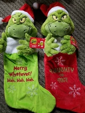 Lot of 2,  Ruz Dr. Seuss Grinch Head Plush Stockings, approx 20 inches 