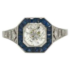 Lab-Created Rare Old European Cut Cubic Zirconia  Blue Sapphire Art Deco Ring