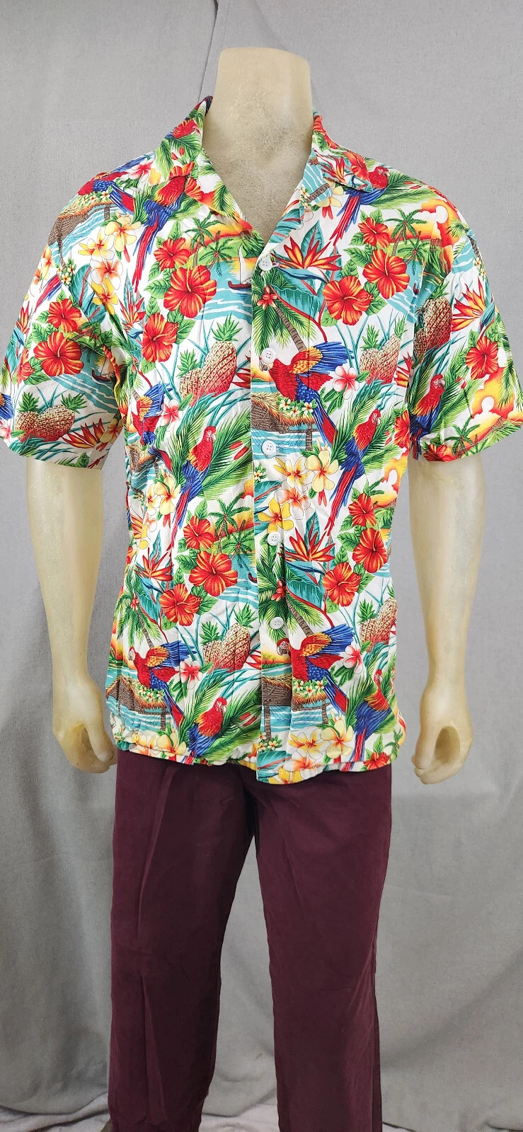 Krazy Klothes Parrots Floral Collared Short Slv SMALL MEDIUM Hawaiian Shirt Top